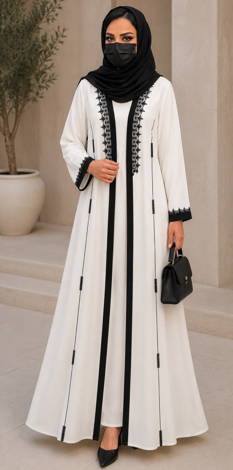 Luxury White & Black Open Front Abaya with Elegant Lace Embroidery