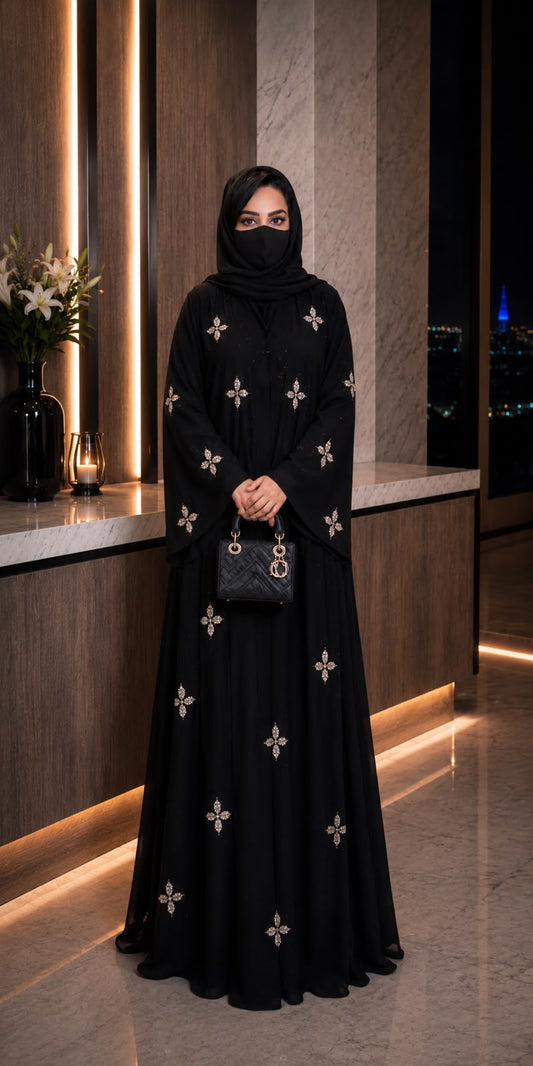 Luxury Black Crystal Embellished Closed Abaya