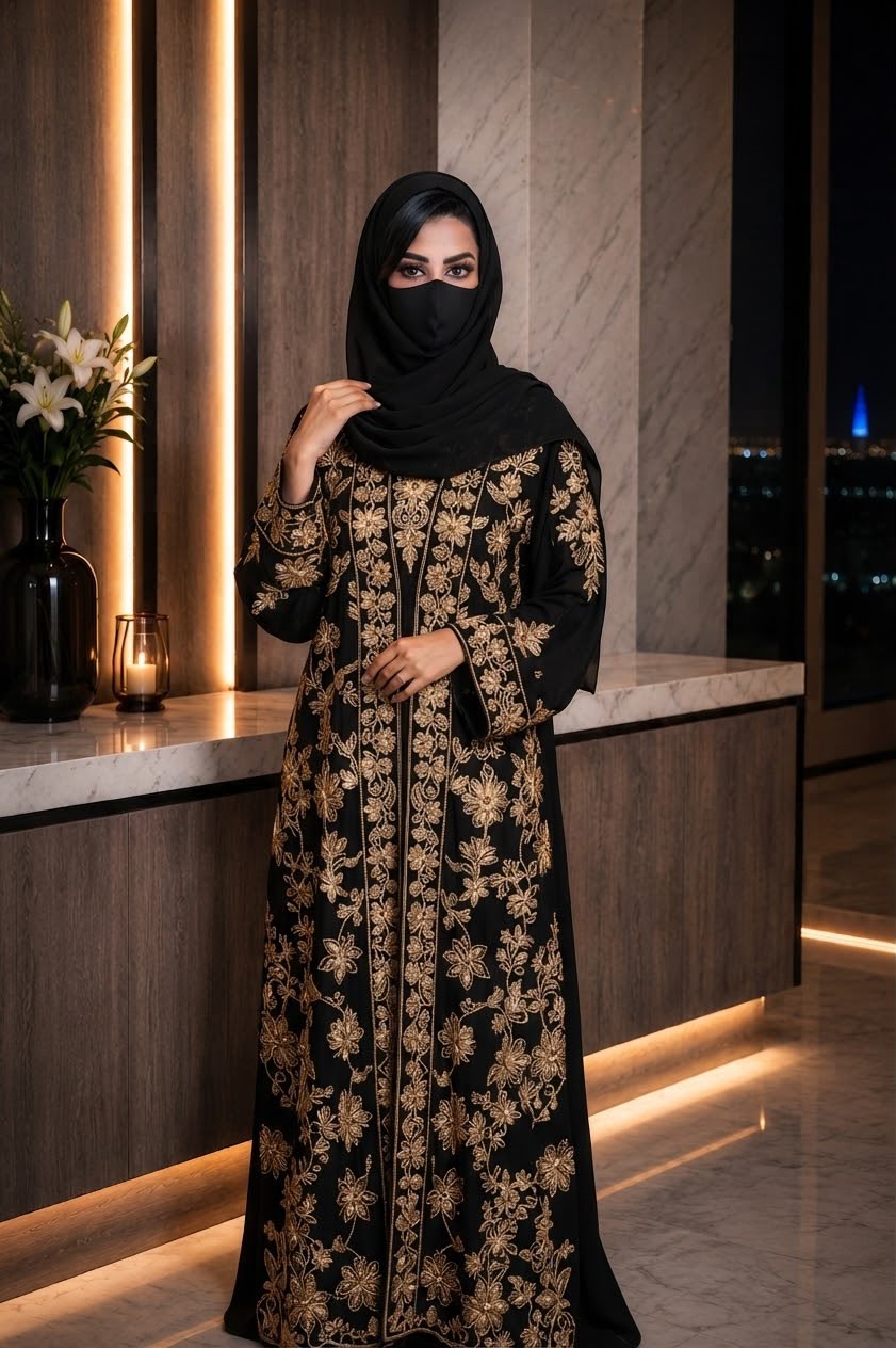 Luxury Black & Gold Floral Embroidered Open Front Abaya