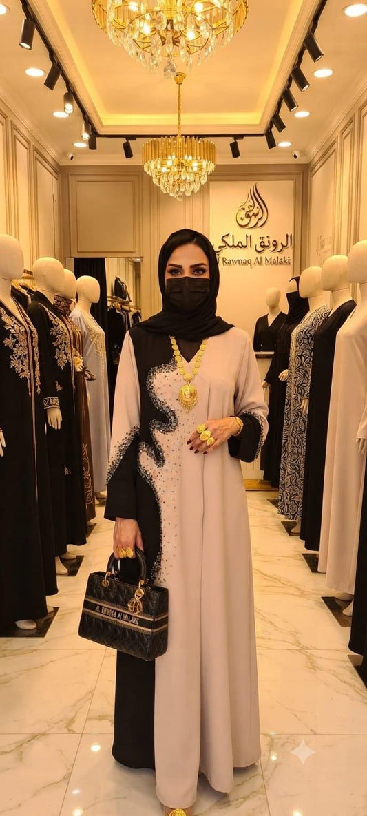 Luxury Beige & Black Crystal Embellished Closed Abaya